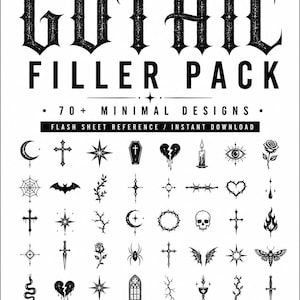 May include: Black and white graphic design featuring the words "DARK GOTHIC FILLER PACK" above a collection of minimalist gothic-themed illustrations. Includes crosses, moons, stars, and other dark imagery. "VOL. 2" is also displayed.