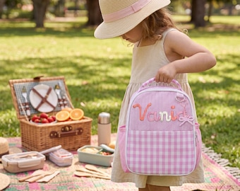 Personalized Kids Lunch Bag with Bow Charm, Seersucker Girls Insulated Lunch Box, Kindergarten Gift