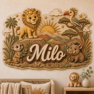 May include: A wooden wall plaque featuring a carved scene of a lion, a meerkat, a warthog, and a bird in a savanna landscape with the name Milo in large script lettering. The design includes a sun, mountains, trees, and stars in relief.