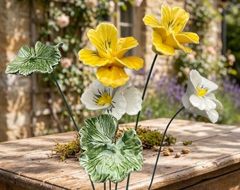 6pcs Ceramic Pansy Flower Set, Handmade Artificial Ceramic Flowers, Lucky Leaf Bouquet, Never Wilt Floral Decor, Wedding & Home Decoration