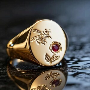 Puede incluir: Un anillo de sello de oro con una cara circular grabada con una abeja y una flor. El centro de la flor está engastado con una pequeña piedra preciosa redonda de color rojo oscuro. La superficie de oro pulido refleja la luz intensamente.
