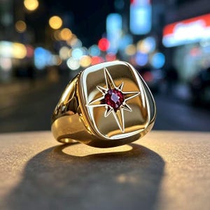 Bague chevalière unisexe vintage en or 14 carats et rubis, ornée d'une étoile de voyage médiévale