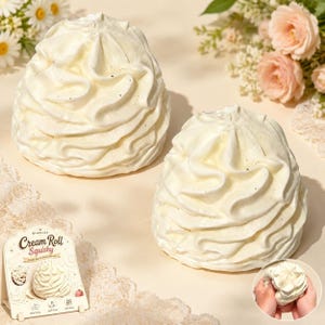 May include: Two off-white, dome-shaped squishy toys with a swirled, piped cream texture. A small display card features the text "Cream Roll Squishy" and an image of the product. A circular inset shows a hand squeezing one of the squishy toys.