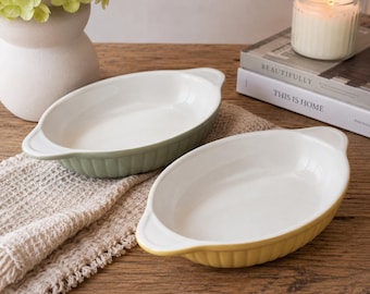 Set of 2 Vintage Ceramic Baking Dishes, Sage Green & Yellow Stoneware Casserole Dishes, Farmhouse Bakeware, Oven to Table Serving Dishes