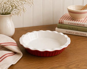 Vintage rood-witte geschulpte taartvorm | Keramische ovenschaal | Boerderij keukendecoratie | Cottagecore-bakvormen