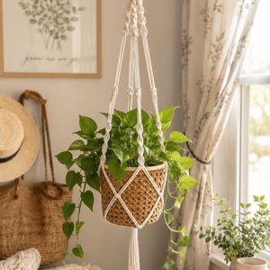 Handmade Macrame Plant Hanger with Woven Basket | Boho Hanging Planter | Cotton Rope Indoor Plant Holder | Modern Farmhouse Decor | Gift