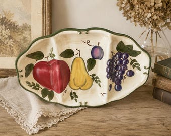 Vintage Hand Painted Italian Fruit Serving Platter | Large Ceramic Oval Tray | Farmhouse Kitchen Decor | Cottagecore Wall Decor