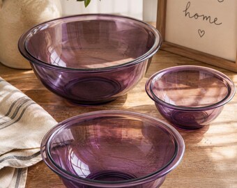Vintage Lila Glas Rührschüssel 3er Set | Amethyst Nistschalen | Mid Century Servierschalen | Retro Küche Dekor