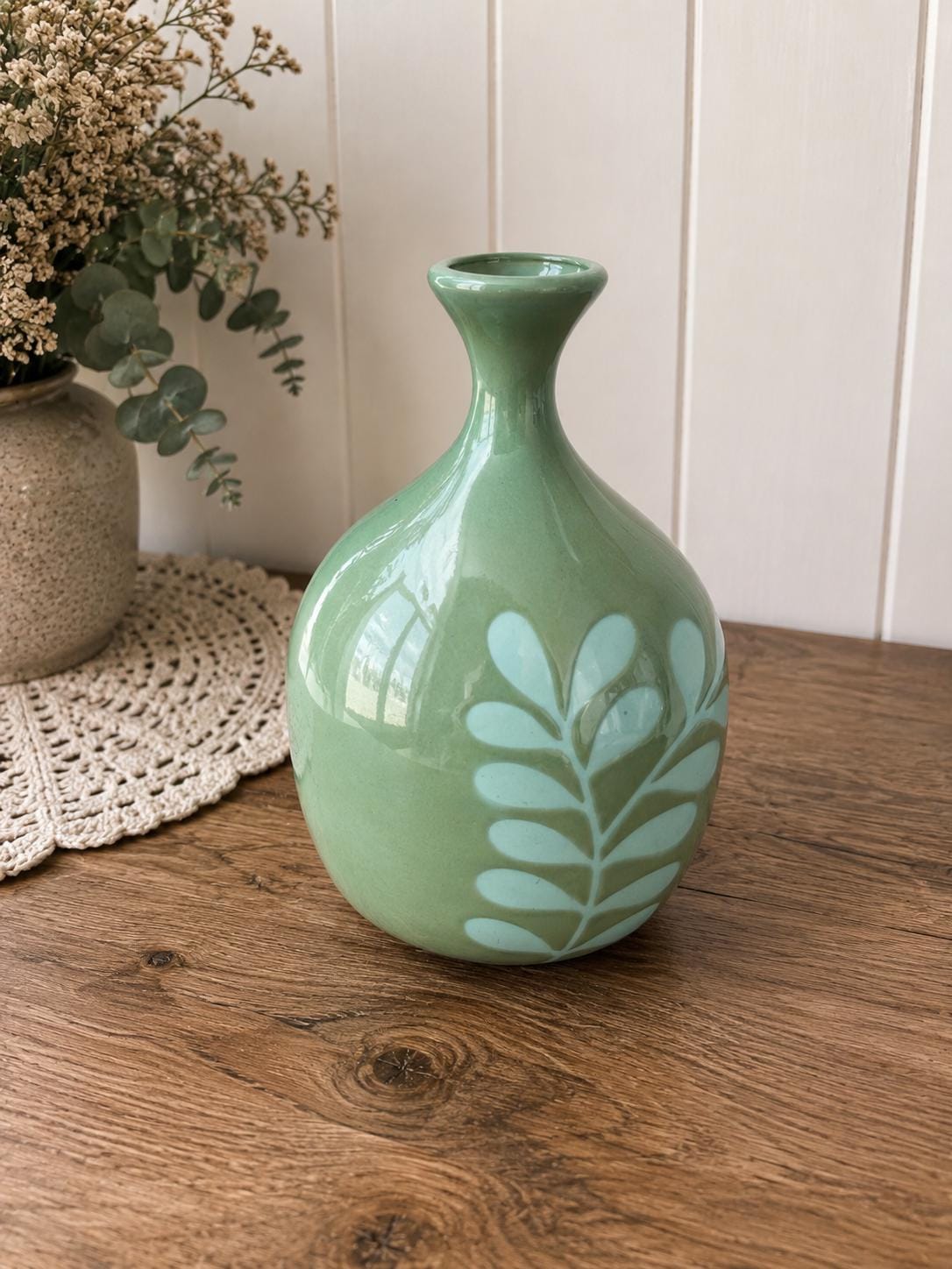 Vintage Mint Green Ceramic Vase | Botanical Leaf Bud Vase | Cottagecore Farmhouse Decor