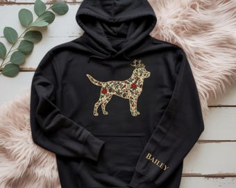 Personalized Labrador Christmas Hoodie, Custom Dog Name on Sleeve, Vintage Floral Lab Mom Gift