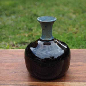 May include: A ceramic vase with a bulbous, glossy dark brown body and a slender, flared neck featuring a speckled light blue glaze. The vessel has a smooth, reflective surface and a distinct transition between the dark base and the blue top.