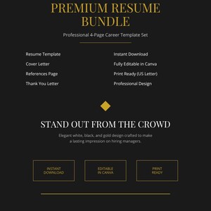 Paquete de plantillas de currículum de lujo / Currículum editable en Canva / Carta de presentación / Referencias / Carta de agradecimiento / Descarga instantánea