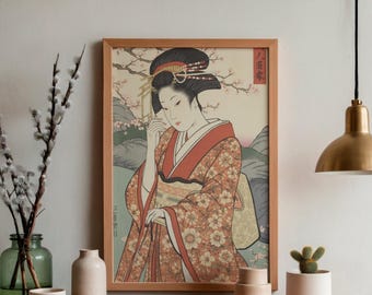 Japanse Oiran Ukiyo-e muurdecoratieprint – Vintage geisha-illustratie, traditionele Japanse decoratie, A4 digitale download