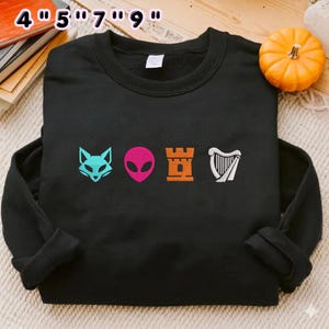 Diseño minimalista de bordado a máquina de arpa de castillo alienígena con zorro, patrón de mini bordado con estética retro adorable, archivo de bordado digital de moda.