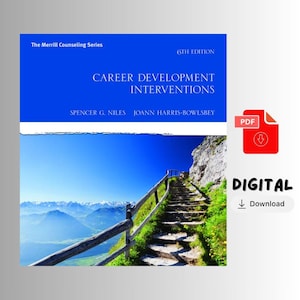 May include: A digital download of "Career Development Interventions" by Spencer G. Niles and Joann Harris-Bowlsbey. The book cover features a blue sky, mountain landscape, and a wooden staircase. The text "DIGITAL" and a PDF icon are also visible.