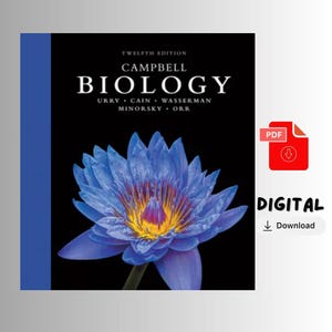May include: A textbook cover for "Biology" by Campbell, featuring a vibrant blue lotus flower against a black background. The title and author names are displayed in white. A digital download icon is visible.