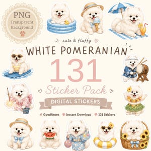 Pode incluir: Um pacote de adesivos digitais com 131 ilustrações de cães Lulu da Pomerânia brancos em várias roupas e cenários, incluindo nadando, com chapéus, sorvetes e instrumentos, com o texto White Pomeranian Sticker Pack.