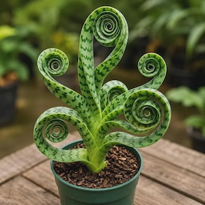 Peut inclure: Une plante en pot avec des feuilles vertes spiralées et un motif tacheté. La plante est dans un petit pot vert foncé, sur une surface en bois, avec d'autres plantes floues en arrière-plan.