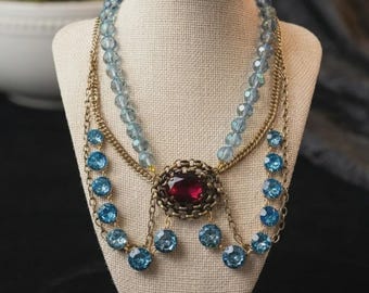 Vintage Multi-Strand Blue Crystal Necklace with Red Czech Glass