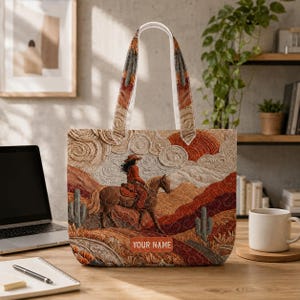 May include: A tote bag featuring a quilted-style print of a person riding a horse through a desert landscape with cacti and swirling clouds. The design includes warm tones of orange, brown, and cream, with a rectangular label reading YOUR NAME.