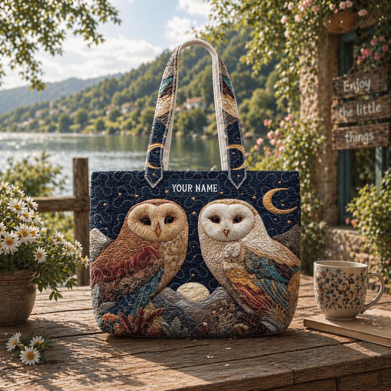 Personalized Night Owl Quilted Tote Bag Magic Forest Moon Shoulder Purse Whimsical Floral Handbag Gi