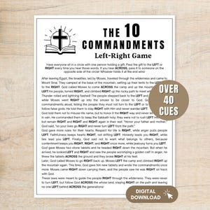 May include: A printable game sheet titled "The 10 Commandments Left-Right Game" with a cross and text. The sheet includes instructions and a story about Moses. The words "Over 40 Cues" and "Digital Download" are also visible.