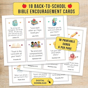 May include: A set of 18 printable back-to-school Bible encouragement cards arranged on pages with 6 cards per page. Each card features a watercolor illustration, a Bible verse, and a reference. The text includes phrases like Be strong and courageous, Love each other, and Trust in the Lord.