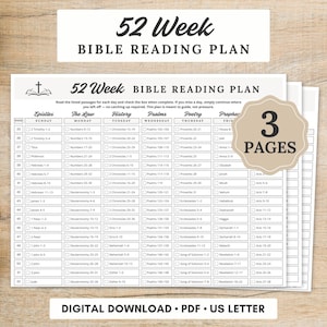 May include: A 52-week Bible reading plan printed on white paper with black text and checkboxes. The document features columns for days of the week and categories like Epistles, The Law, History, Psalms, Poetry, and Prophecy. A beige badge states 3 PAGES.