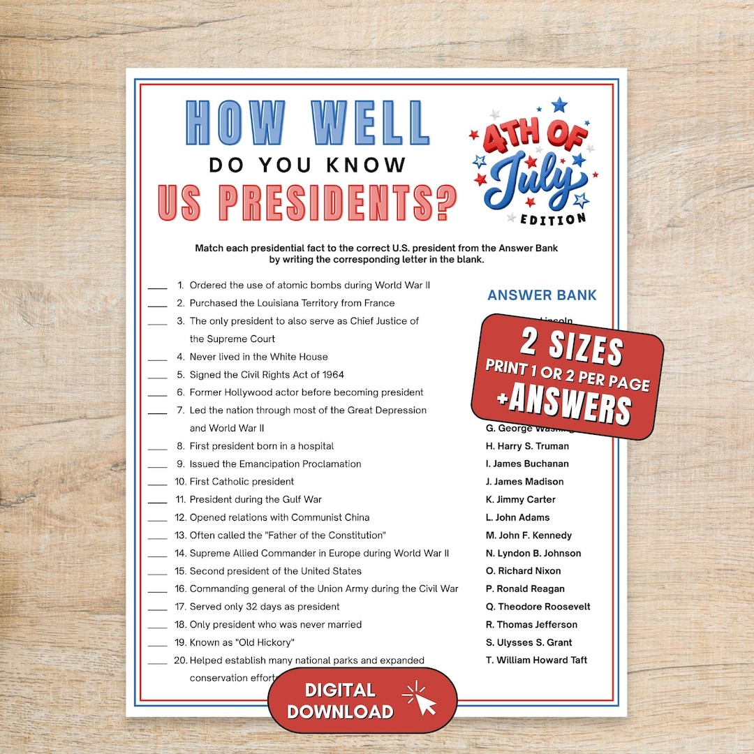 U.S. Presidents Match up Game, American History Trivia, Presidential ...