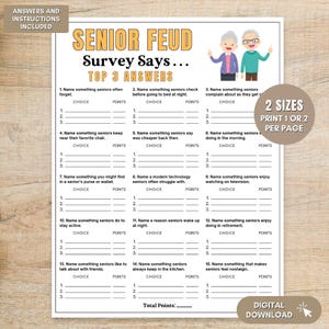 May include: A printable "Senior Feud" game sheet with multiple choice questions and space for answers. The game sheet includes questions about things seniors often forget, check before bed, and enjoy. The text "Digital Download" is visible.