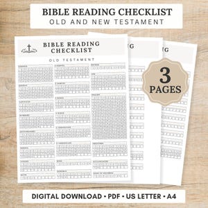 May include: A three-page Bible reading checklist printed on white paper, featuring a black and white layout with the text BIBLE READING CHECKLIST OLD AND NEW TESTAMENT. A tan scalloped badge displays the text 3 PAGES, and the bottom includes the text DIGITAL DOWNLOAD PDF US LETTER A4.