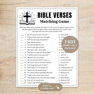 May include: A printable Bible verses matching game with a cross and open book graphic at the top. The game includes 20 verses to match with scripture references. The text reads "2 Sizes Print 1 or 2 per page" and "Digital Download".