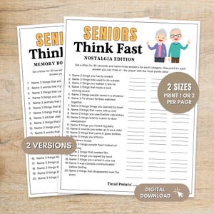Könnte beinhalten: Zwei bedruckbare Spielbögen mit den Titeln "Seniors Think Fast" und "Memory Box". Die Spielbögen zeigen eine Nostalgie-Edition mit Fragen wie "Nennen Sie 3 Dinge, die Sie zurückspulen mussten". Enthält eine digitale Download-Option und zwei Größen.