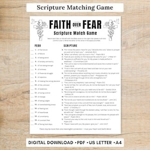 May include: A digital download, Scripture Matching Game, with the words "FAITH OVER FEAR" at the top. The game matches fears with Bible verses. The document is available in US Letter and A4 sizes.