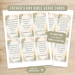 Puede incluir: Un conjunto de tarjetas con versículos bíblicos para el Día del Padre que incluye doce impresiones de escrituras con detalles florales en acuarela en tonos suaves de amarillo y verde. Las tarjetas contienen textos de Éxodo, Colosenses, Proverbios, Salmos, Efesios y 3 Juan.