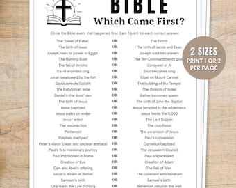 Op de afbeelding: Een afdrukbaar Bijbel trivia spel met de titel "BIBLE Which Came First?" heeft een kruis en een open boek grafiek. Het spel bevat een lijst met Bijbelse gebeurtenissen om te beantwoorden, met opties om één of twee per pagina af te drukken. Digitale download.