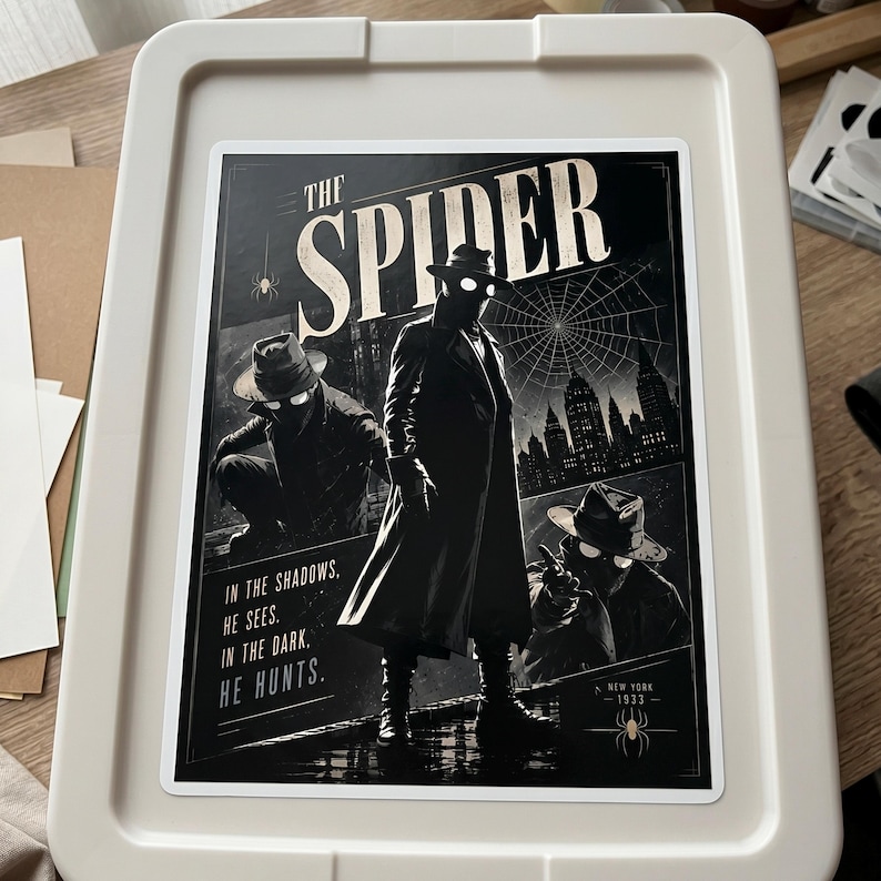 May include: A black and white poster featuring a character called "The Spider" in a trench coat and fedora. The poster includes the text "In the shadows, he sees. In the dark, he hunts." and "New York 1933."