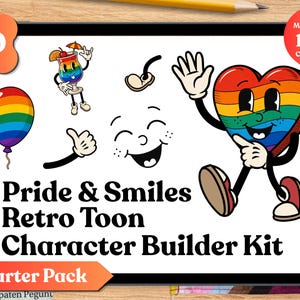 Op de afbeelding: Een karakterbouwpakket met de titel Pride & Smiles Retro Toon Character Builder Kit Starter Pack. Het bevat een regenboog hartfiguur, een regenboogballon, een cocktailglas en diverse cartoon ledematen en gezichtsuitdrukkingen.