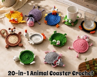 20-in-1 Animal Crochet Coaster Pattern Bundle | Cute Amigurumi Cup Coasters PDF | Beginner Friendly Tutorial