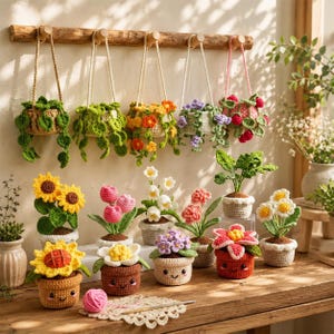 Op de afbeelding: Een verzameling handgemaakte gehaakte planten en hangmanden. De planten omvatten zonnebloemen, tulpen en madeliefjes, elk in een kleine pot met een lachend gezicht. Hangmanden bevatten verschillende bloemen en groen.