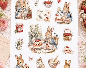 Rabbit Strawberry Cake Sticker Sheet, Fun Sticker for kids, Baking Sticker Sheets for Journal, Planner, Scrapbook, Strawberry Stickers Sheet