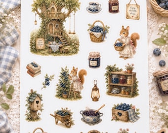 May include: A sticker sheet titled Rachaclish Story featuring illustrations of a treehouse, squirrels, blueberry baskets, jars of jam, a wooden shelf, a birdhouse, a wheelbarrow, a cooking pot, a window, and a table with blueberries and flowers.