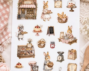 May include: A sticker sheet featuring various illustrations of anthropomorphic rabbits and mice in a bakery setting, including a storefront, cakes, pastries, baskets of bread, a stand mixer, a kitchen scale, a whisk, and signs with text.