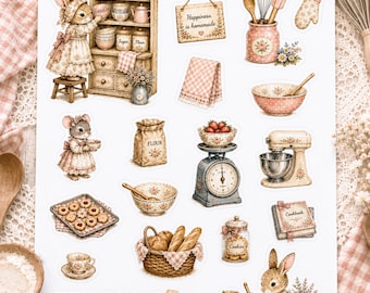 Bunny Kitchen Sticker Sheet, Baking Sticker Sheets, Kitchen Bullet Journal Sticker, Cozy Bakery Planner Sticker, Stickers for Kids Activity