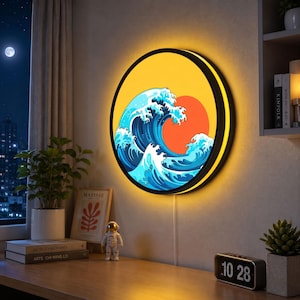 Den stora vågen av Kanagawa 3D LED-ljuslåda, japansk heminredning, havsväggkonst