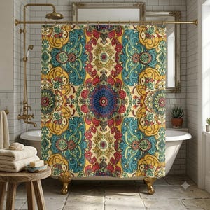 Old World Style Tapestry-esque Boho Shower Curtain, Turquoise & Ruby Mandala Mosaic Bath Decor, Old Style High Color Bohemian Fabric Curtain