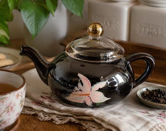 Vintage japansk blommig keramiktekanna med glaslock | Otagiri-stil | 1970-talet