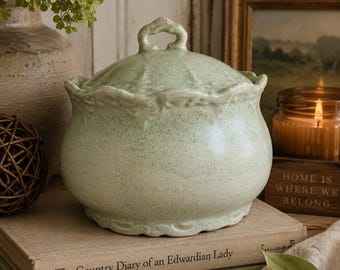 Signed Studio Pottery Lidded Jar Seafoam Speckled Covered Crock Cottage Decor