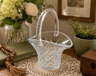 Vintage kristallkorg med handtag, kristallgodisfat, diamantmönsterkorg i glas, bröllopsbordsdekoration, blomsterkorg, stugdekor