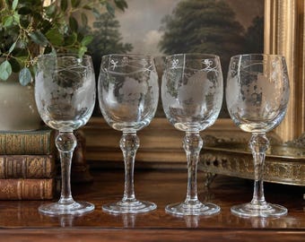 Vintage Etched Grape Cordial Glasses Set of 4 Knopped Stem Crystal Barware